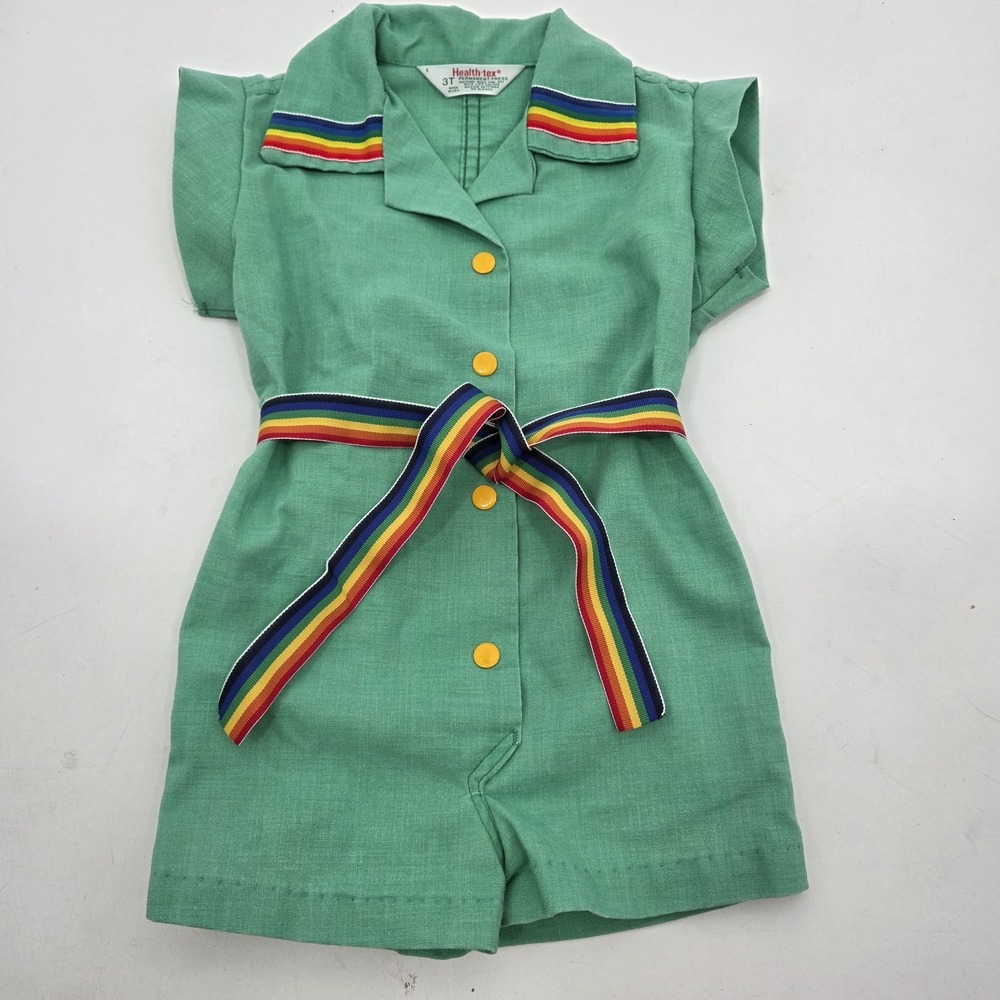 VTG Child's Healthtex Belted Romper Sz 3T Green Rainbow Belt Short Sleeve USA